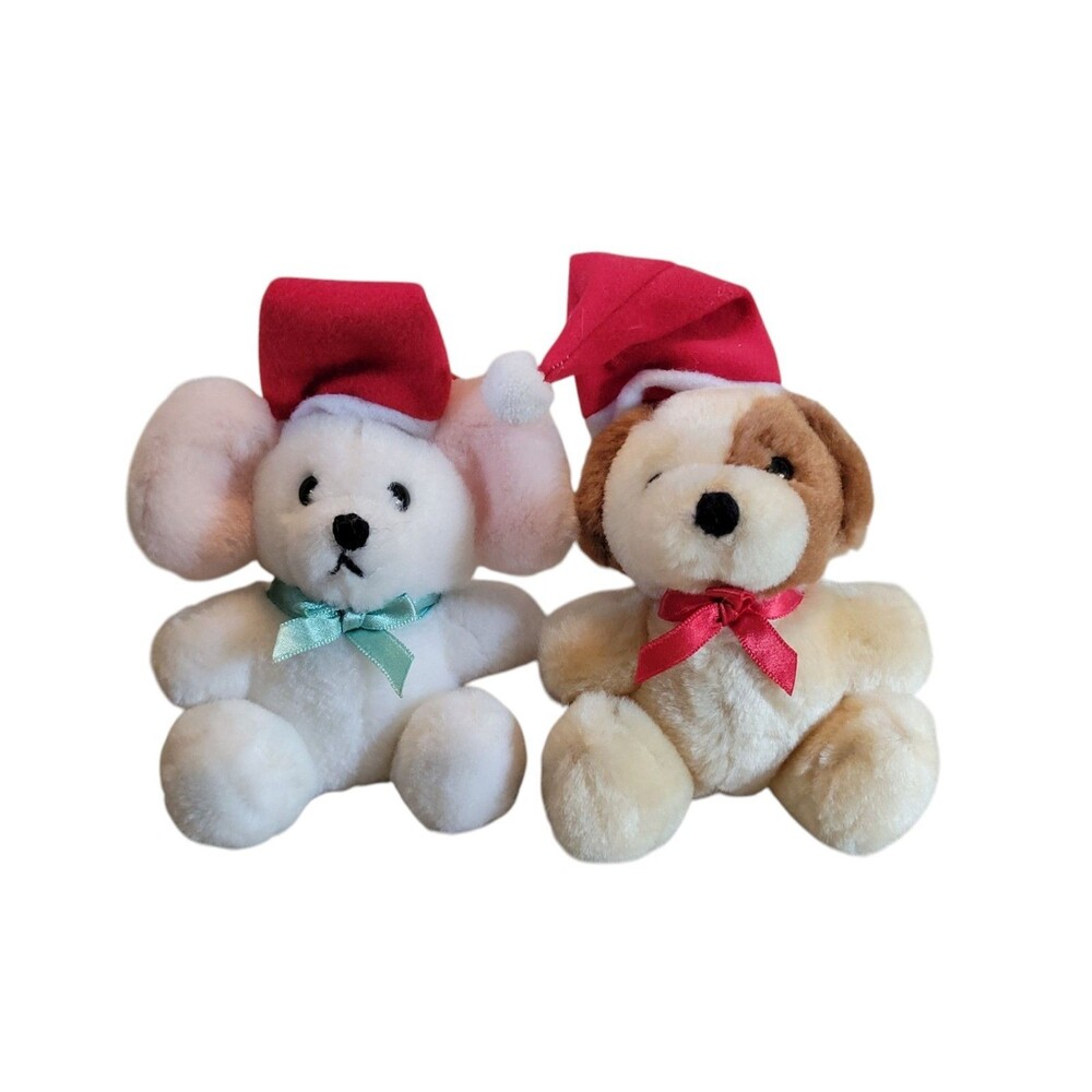 Vintage Dakin 1986 Stuffed Animal Plush Christmas Ornaments Mouse And Dog